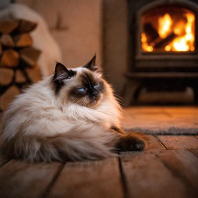 The primary subject of the image is a fluffy, long-haired cat sitting on a wooden floor in front of a fireplace. The cat appears to be staring at the camera, and its fur is blowing in the wind. The setting is a cozy, warm environment with a fireplace, creating a comfortable and inviting atmosphere. The visual style of the image is a photo, capturing the cat's unique features and the warmth of the fireplace. The colors and mood of the image are predomin